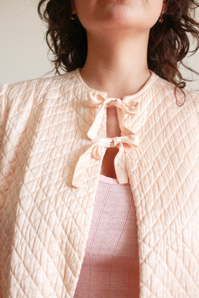1940s Blush Satin Rayon Quilted Bed Jacket