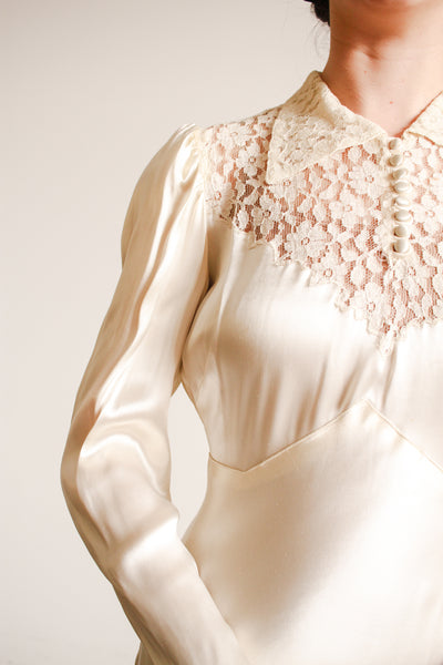 1930s Ivory Liquid Satin Lace Yolk Wedding Gown