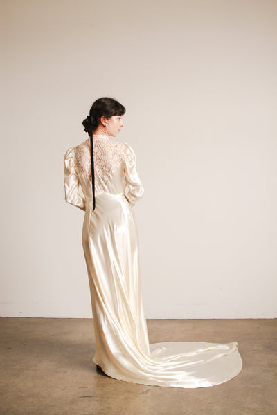 1930s Ivory Liquid Satin Lace Yolk Wedding Gown