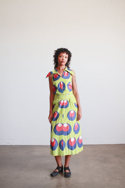 1930s Lime Green Cotton Printed Halter Dress