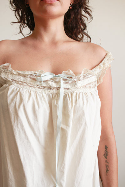 Antique Cream Cotton Blue Ribbon Trim Nightgown
