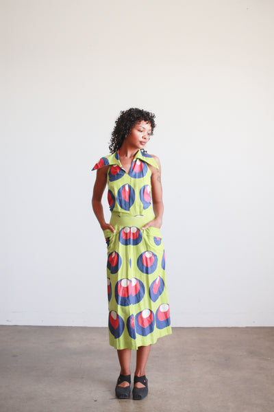 1930s Lime Green Cotton Printed Halter Dress