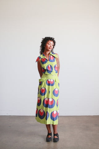 1930s Lime Green Cotton Printed Halter Dress