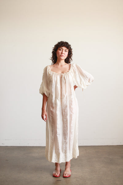 Antique Silk Cream Smock Tie Dress