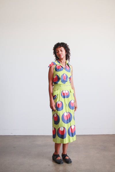 1930s Lime Green Cotton Printed Halter Dress