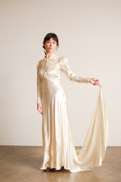 1930s Ivory Liquid Satin Lace Yolk Wedding Gown