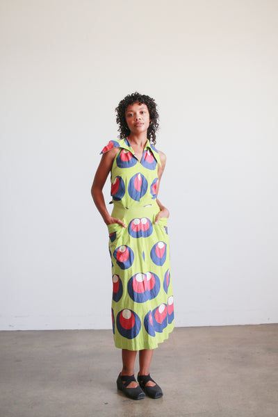 1930s Lime Green Cotton Printed Halter Dress