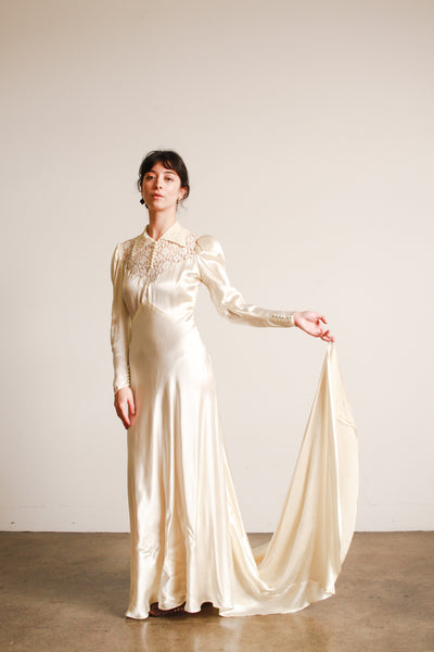 1930s Ivory Liquid Satin Lace Yolk Wedding Gown