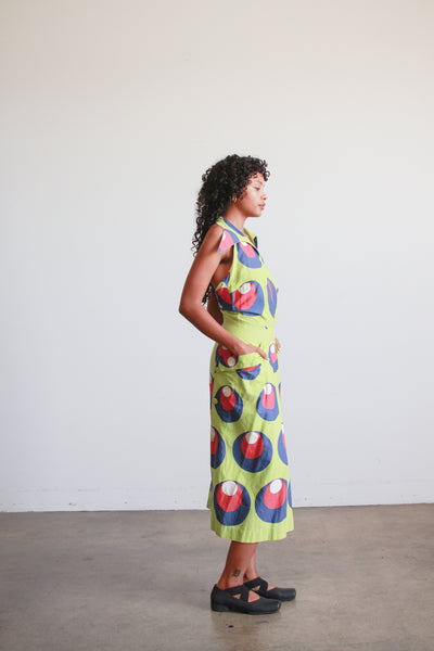 1930s Lime Green Cotton Printed Halter Dress