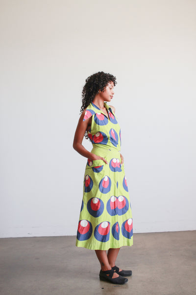 1930s Lime Green Cotton Printed Halter Dress