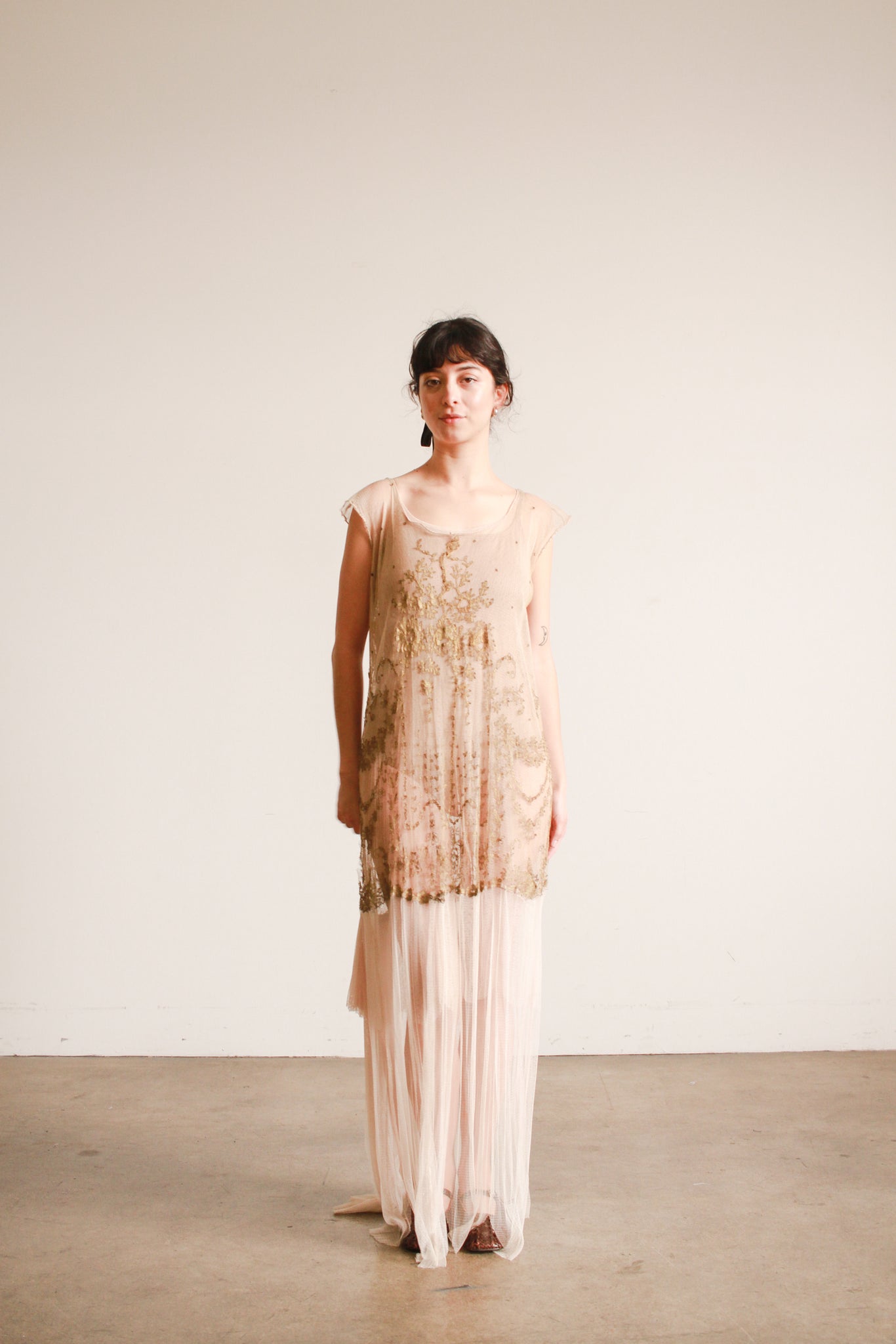 1920s Sheer Layered Net Lace Nude Dress