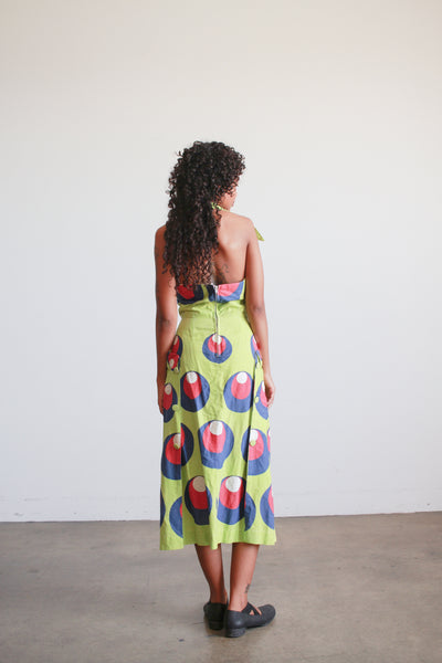 1930s Lime Green Cotton Printed Halter Dress
