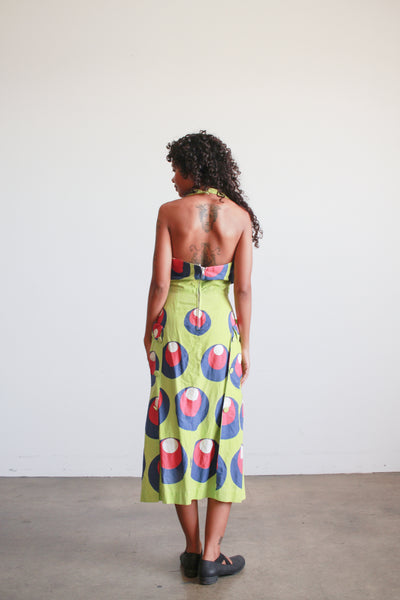 1930s Lime Green Cotton Printed Halter Dress