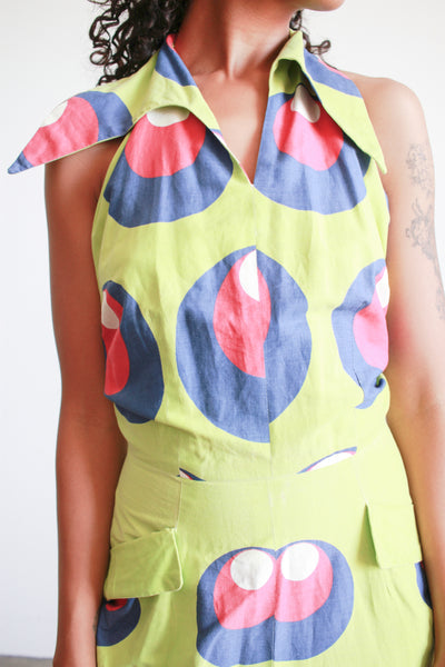 1930s Lime Green Cotton Printed Halter Dress