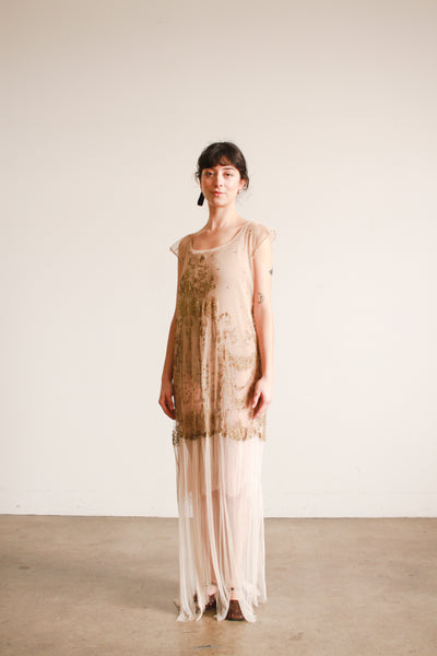 1920s Sheer Layered Net Lace Nude Dress