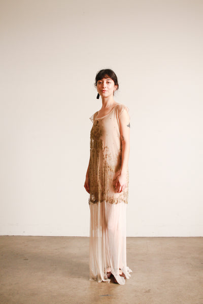 1920s Sheer Layered Net Lace Nude Dress