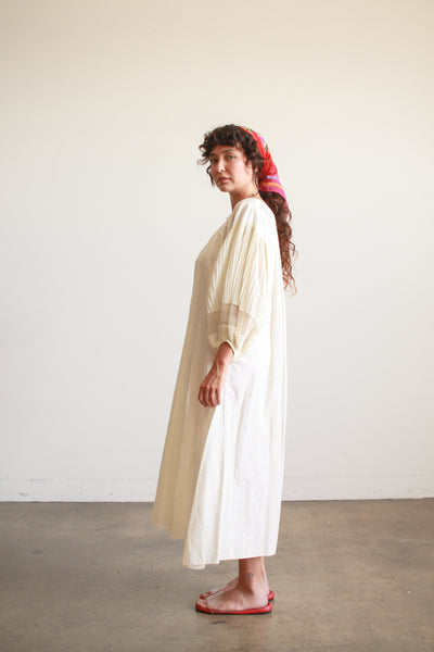 1940s Cream Cotton Pleated Balloon Sleeve Dress