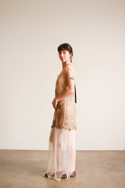 1920s Sheer Layered Net Lace Nude Dress