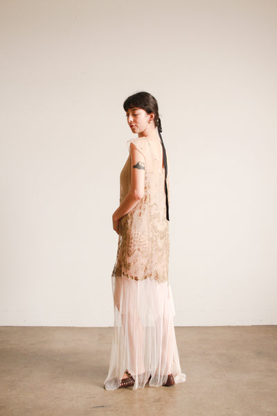 1920s Sheer Layered Net Lace Nude Dress