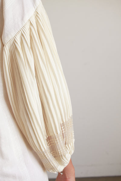 1940s Cream Cotton Pleated Balloon Sleeve Dress