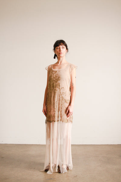 1920s Sheer Layered Net Lace Nude Dress