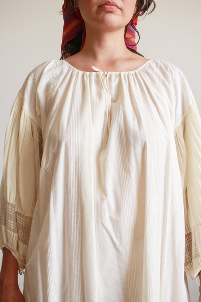 1940s Cream Cotton Pleated Balloon Sleeve Dress