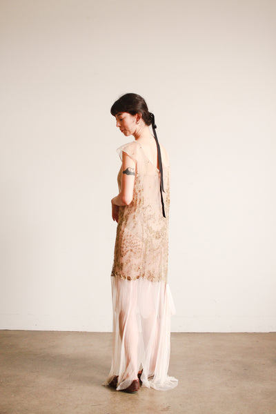 1920s Sheer Layered Net Lace Nude Dress