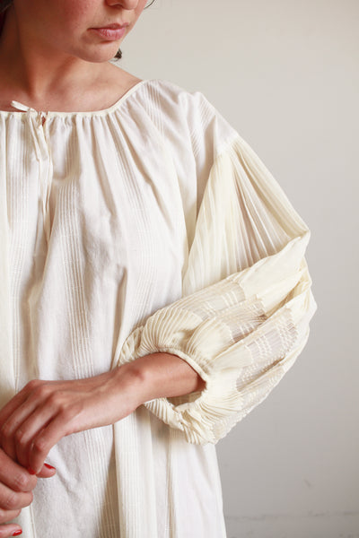 1940s Cream Cotton Pleated Balloon Sleeve Dress