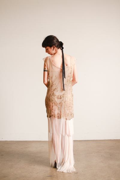 1920s Sheer Layered Net Lace Nude Dress