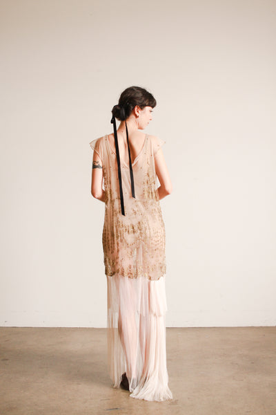 1920s Sheer Layered Net Lace Nude Dress