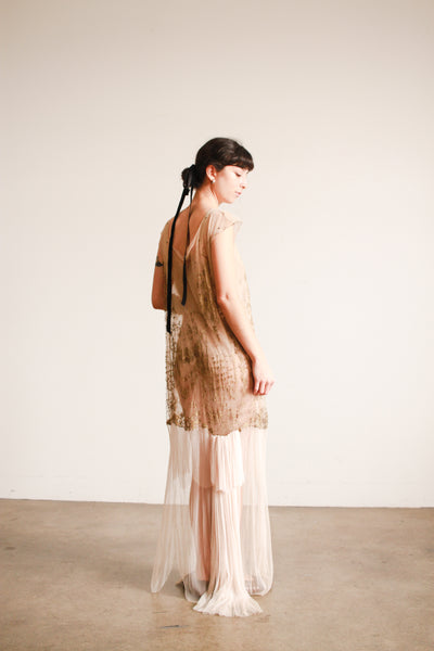 1920s Sheer Layered Net Lace Nude Dress