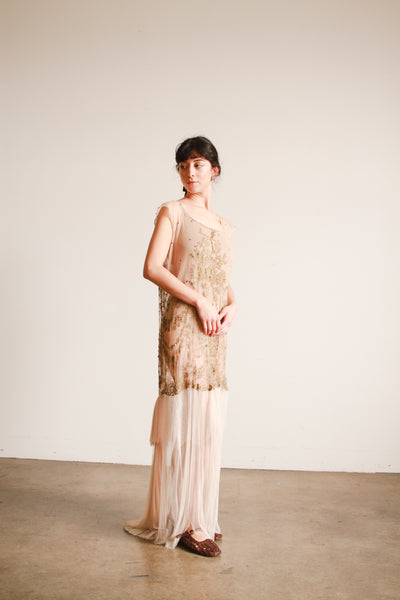 1920s Sheer Layered Net Lace Nude Dress