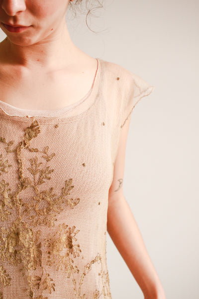 1920s Sheer Layered Net Lace Nude Dress