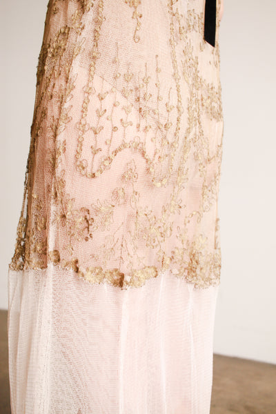 1920s Sheer Layered Net Lace Nude Dress