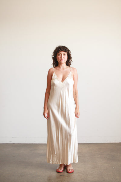 1980s Ecru Silk Charmeuse Plunge Slip Dress