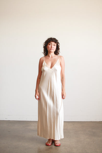 1980s Ecru Silk Charmeuse Plunge Slip Dress
