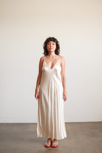 1980s Ecru Silk Charmeuse Plunge Slip Dress