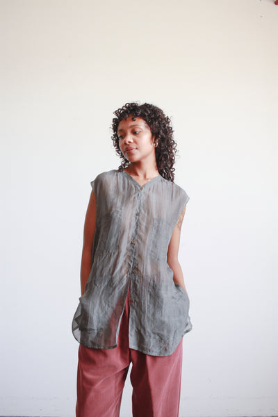 1990s Calvin Klein Gray Silk Sheer Sleeveless Blouse