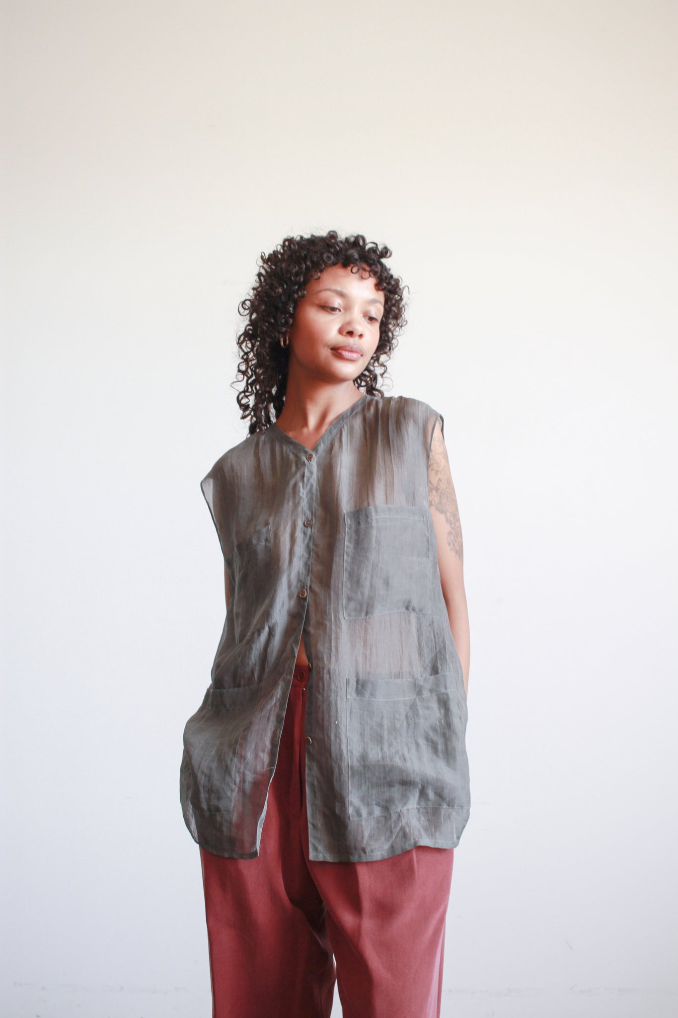 1990s Calvin Klein Gray Silk Sheer Sleeveless Blouse
