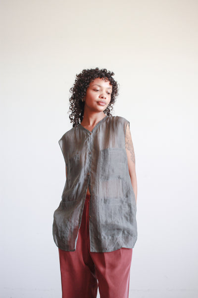 1990s Calvin Klein Gray Silk Sheer Sleeveless Blouse