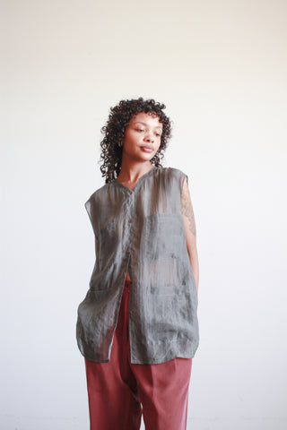 1990s Calvin Klein Gray Silk Sheer Sleeveless Blouse