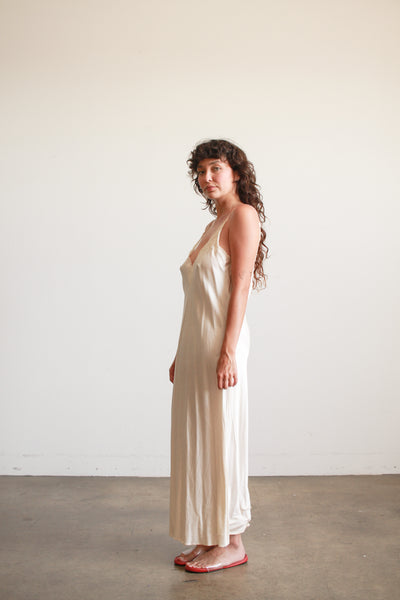 1980s Ecru Silk Charmeuse Plunge Slip Dress