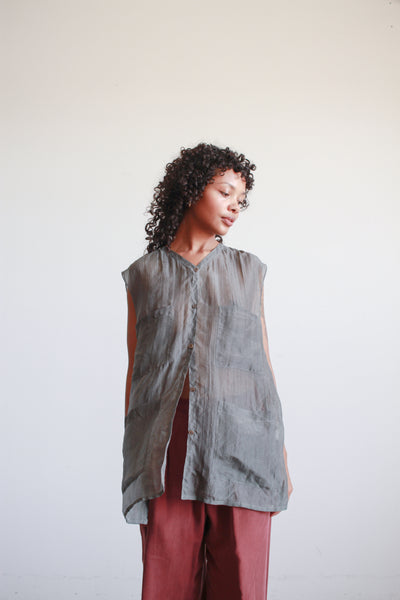 1990s Calvin Klein Gray Silk Sheer Sleeveless Blouse