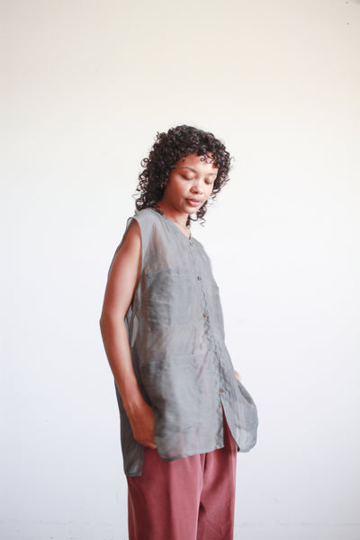 1990s Calvin Klein Gray Silk Sheer Sleeveless Blouse