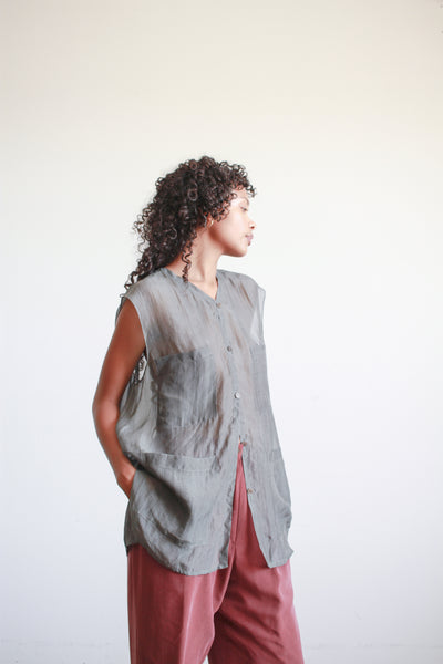 1990s Calvin Klein Gray Silk Sheer Sleeveless Blouse