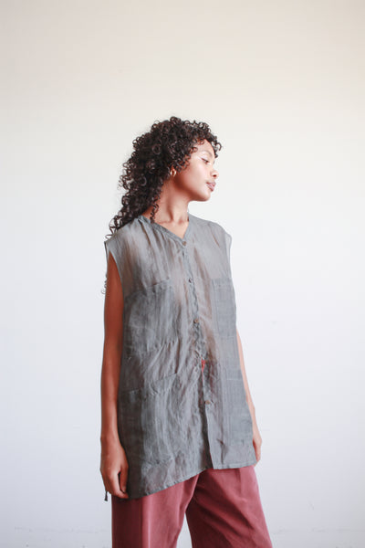 1990s Calvin Klein Gray Silk Sheer Sleeveless Blouse