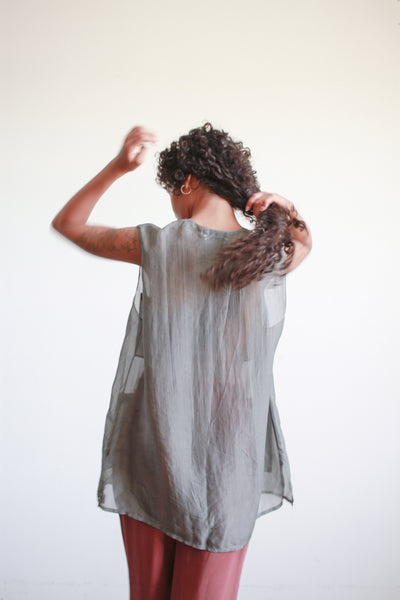 1990s Calvin Klein Gray Silk Sheer Sleeveless Blouse