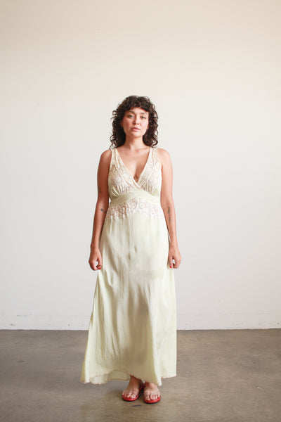 1930s Pistachio Rayon Lace Panel Nightgown