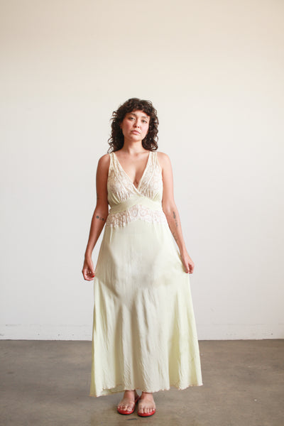 1930s Pistachio Rayon Lace Panel Nightgown