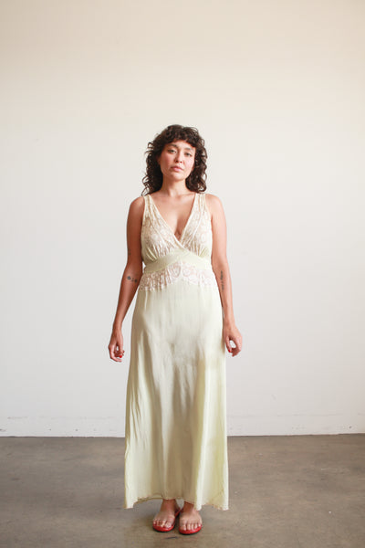 1930s Pistachio Rayon Lace Panel Nightgown